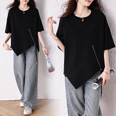 批发大码宽松不规则 T 恤女侧拉链设计感上衣 遮肉显瘦中长款打底衫