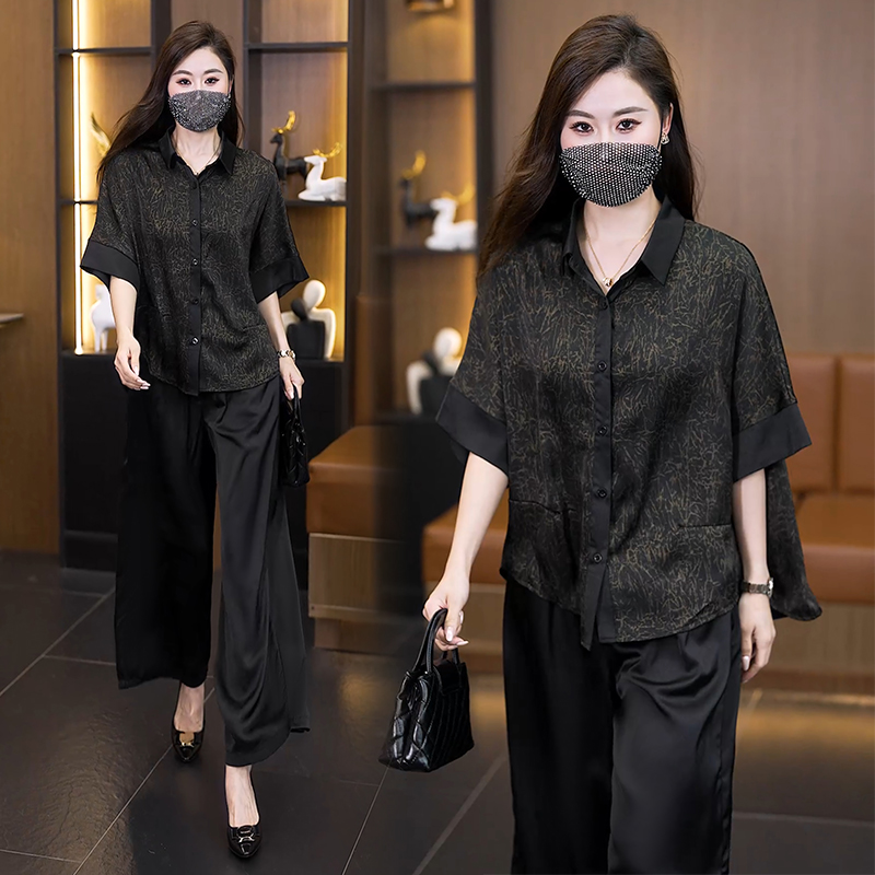 RY4103# 2026夏季新款大码真丝质感衬衫阔腿裤套装女胖mm遮肉显瘦...