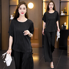 批发2026夏季新款大码竖条纹缎面套装女胖mm遮肉显瘦阔腿裤两件套