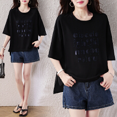 批发字母刺绣亮片短袖<b class='q'>T</b><b class='q'>恤</b>女2026夏季新款宽松大码遮肚显瘦休闲<b class='q'>上衣</b>潮