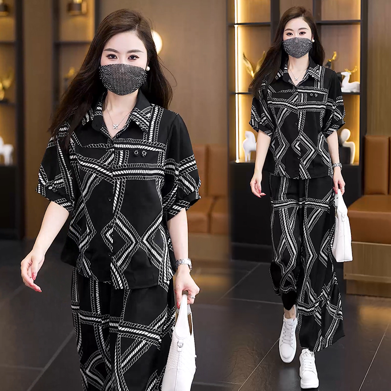 RY4101# 2026夏季新款大码菱格纹套装女胖mm遮肉显瘦缎面阔腿裤两件套