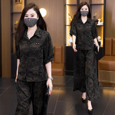 批发2026夏季新款大码提花套装女胖mm遮肉显瘦缎面阔腿裤两件套