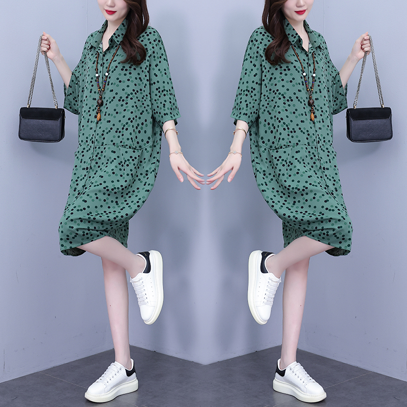 RY4100# 2026夏季新款大码波点连衣裙女胖mm遮肉显瘦衬衫裙中长款