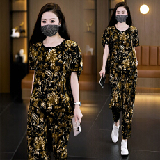 批发2026夏季新款大码腰果花套装女胖mm遮肉显瘦冰丝阔腿裤两件套