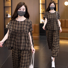 批发2026 夏季新款大码格子套装女胖 mm 遮肉显瘦棉麻阔腿裤两件套