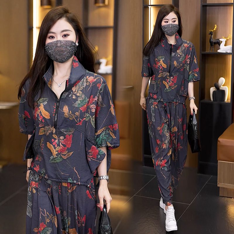 RY4093# 2026 夏季新款大码印花套装女胖 mm 遮肉显瘦冰丝束脚...