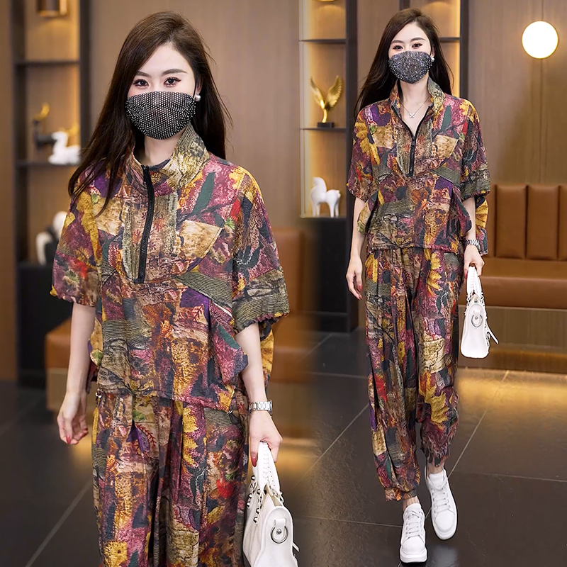 RY4092# 2026夏季新款大码油画印花套装女胖mm遮肉显瘦冰丝哈伦裤...