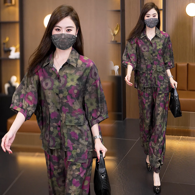 RY4091# 2026夏季新款大码紫绿印花套装女胖mm遮肉显瘦冰丝阔腿裤...