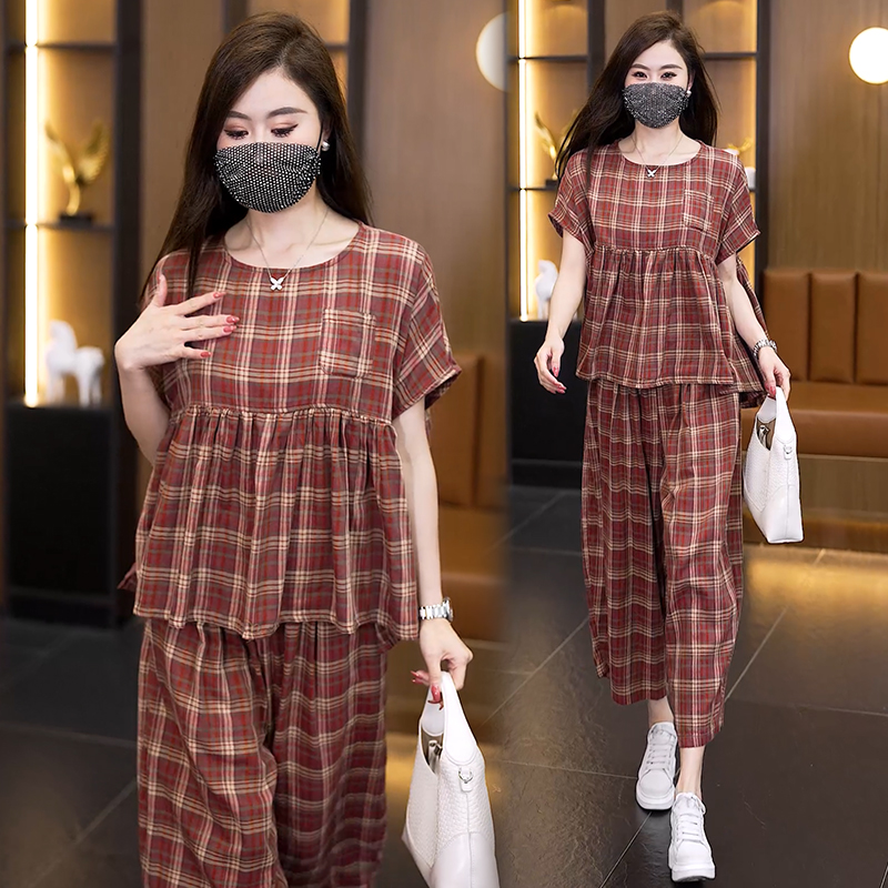 RY4090# 2026夏季新款大码红格子套装女胖mm遮肉显瘦棉麻阔腿裤两...