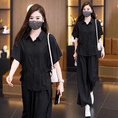 批发2026夏季新款大码黑色套装女胖mm遮肉显瘦棉麻阔腿裤两件套