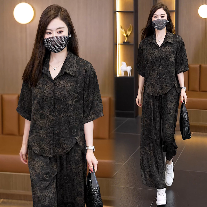 RY4089# 2026夏季新款大码暗纹提花套装女胖mm遮肉显瘦阔腿裤两件...