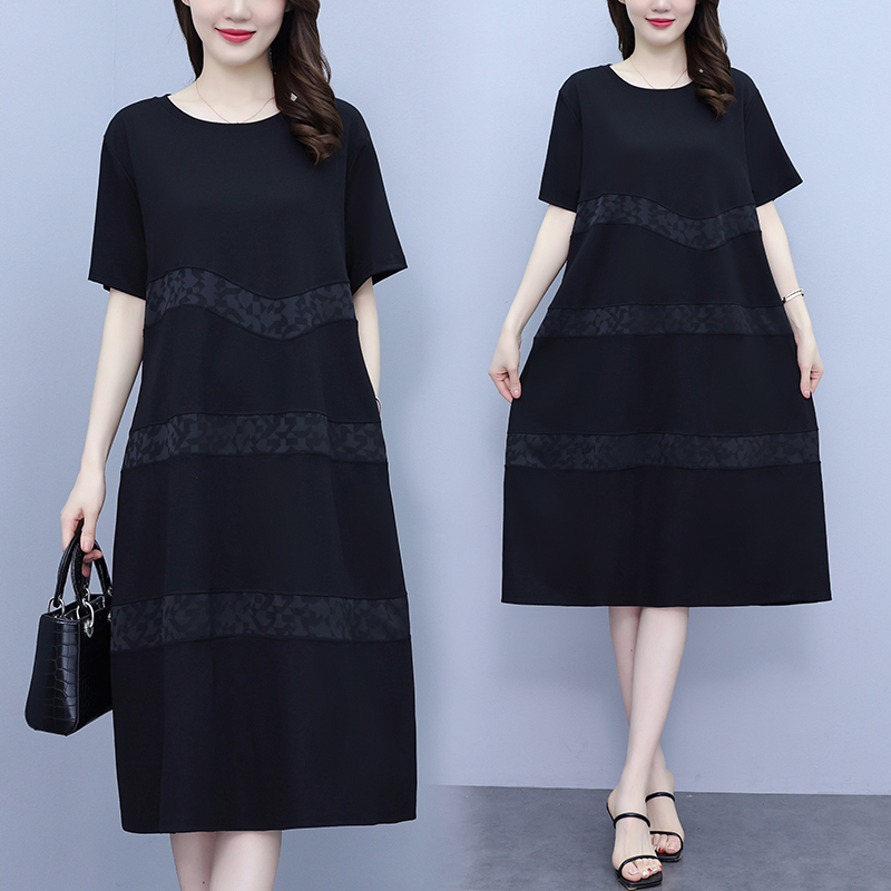 RY4087# 2026夏季新款大码黑色连衣裙女胖mm遮肉显瘦拼接条纹中长款裙子