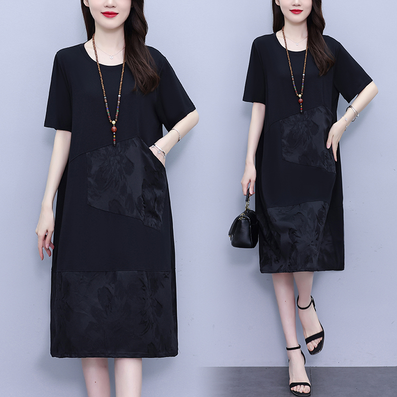 RY4086# 2026 夏季新款大码提花拼接连衣裙女胖 mm 遮肉显瘦中长款裙子