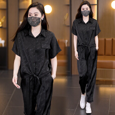 批发2026夏季新款大码暗纹字母套装女胖mm遮肉显瘦缎面束脚裤两件套