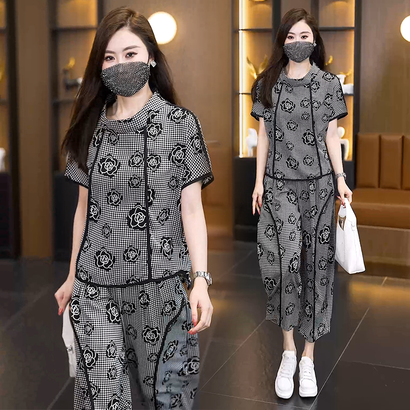 RY4085# 2026夏季新款大码千鸟格山茶花套装女胖mm遮肉显瘦阔腿裤...