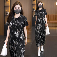 批发2026夏季新款大码黑银印花套装女胖mm遮肉显瘦冰丝九分裤两件套