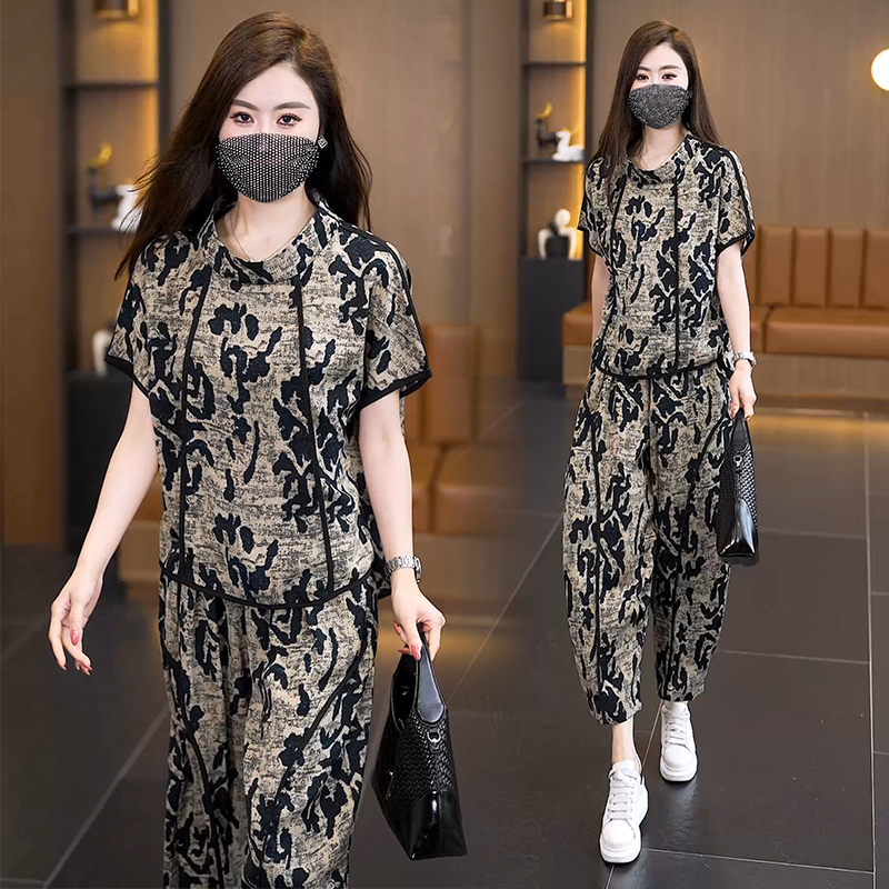 RY4084# 2026夏季新款大码水墨豹纹套装女胖mm遮肉显瘦冰丝九分裤...