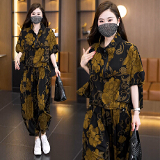 批发2026夏季新款大码花卉印花套装女胖mm遮肉显瘦休闲哈伦裤两件套