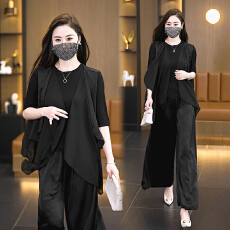 批发2026 夏季新款大码垂感三件套女胖 mm 遮肉显瘦马甲阔腿裤套装