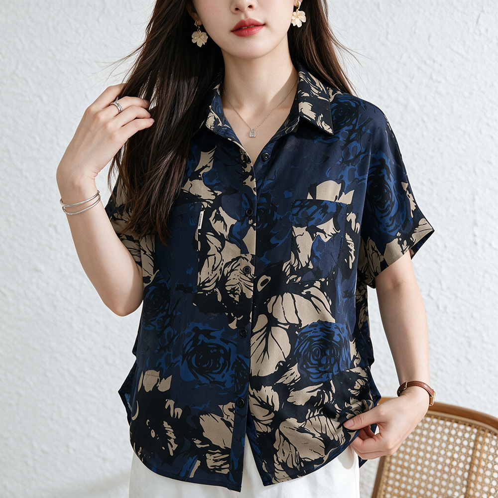 BY29690# 短袖衬衫女夏装新款印花宽松显瘦遮肚洋气休闲女士上衣  服裝批發女裝批發服飾貨源