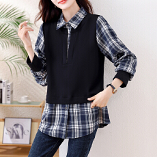 批发气质假两件上衣女新款<b class='q'>妈妈</b>洋气大码格子拼接衬衫领针织打底衫
