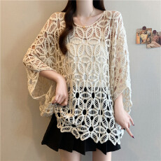 批发实拍大码新款胖MM法式镂空钩花防晒罩衫针织衫上衣