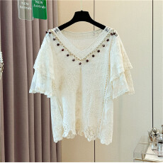 批发实拍大码波西米亚五分袖蕾丝钩花镂空显瘦时尚百搭上衣