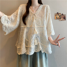 批发实拍大码蝙蝠袖抽绳宽松棉布V领蕾丝衫短袖波西米亚风上衣