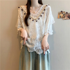 批发实拍大码波西米亚五分袖蕾丝钩花镂空显瘦时尚百搭上衣