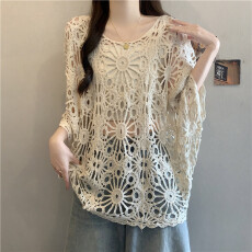 批发实拍大码<b class='q'>宽松</b>蝙蝠袖新款钩花叠穿波西米亚针织防晒罩衫短袖夏季