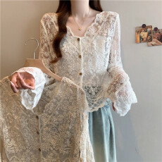 批发实拍大码法式V领钩花镂空防晒长袖衬衫蕾丝薄款外搭开衫上衣