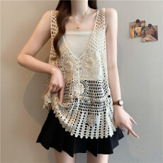 批发实拍大码波西米亚背心珠片复古镂空钩花针织背心马甲外穿