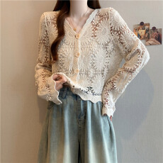 批发实拍<b class='q'>大码</b>胖MM法式钩花镂空V领针织<b class='q'>开衫</b>长袖外搭上衣