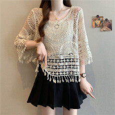 批发实拍大码新款针织衫女外搭宽松套头罩衫镂空流苏百搭七分袖上衣