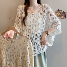 批发实拍大码胖MM蝙蝠袖大花钩花宽松大码外搭上衣