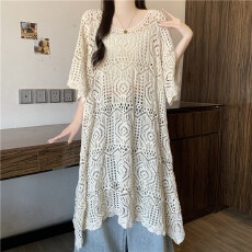 批发实拍宽松<b class='q'>大码</b>胖妹妹钩花镂空设计感不规则宽松七分袖长款<b class='q'>连衣裙</b>