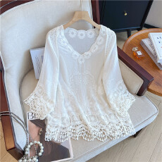 批发实拍大码胖MM蕾丝镂空花边刺绣波西米亚设计感花边流苏上衣