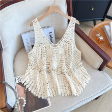 批发实拍大码波西米亚背心珠片复古镂空钩花针织背心马甲外穿