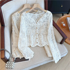 批发实拍大码法式V领钩花镂空防晒长袖衬衫蕾丝薄款外搭开衫上衣