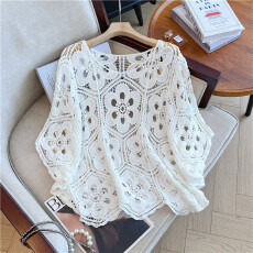 批发实拍大码胖MM蝙蝠袖大花钩花宽松大码外搭上衣