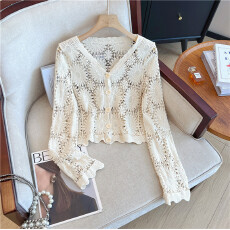 批发实拍大码胖MM法式钩花镂空V领针织开衫长袖外搭上衣