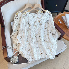 批发实拍大码<b class='q'>宽松</b>蝙蝠袖新款钩花叠穿波西米亚针织防晒罩衫短袖夏季