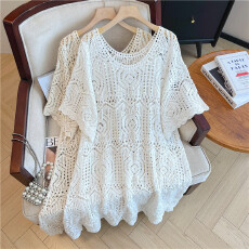 批发实拍宽松大码胖妹妹钩花镂空设计感不规则宽松七分袖长款连衣裙