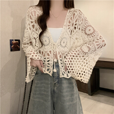 批发实拍 V领钩花镂空针织披肩女夏季<b class='q'>外</b><b class='q'>搭</b><b class='q'>开衫</b>大码喇叭袖系带小上衣