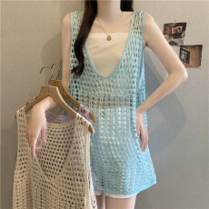 实拍韩系V领洞洞网衫镂空吊带针织衫春夏胖MM显瘦无袖背心上衣