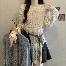 批发实拍<b class='q'>镂空</b>罩衫毛衣女外搭春夏新款胖MM显瘦中长款系腰带上衣