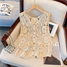 批发实拍大码珠片绣花粗细钩花无袖开衫马甲背心上衣