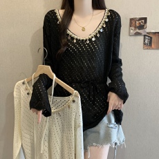 批发实拍慵懒风亮片镂空针织罩衫女夏季新款长袖<b class='q'>宽松</b>胖MM罩衫外搭防晒