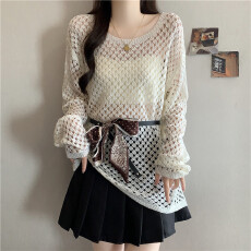 批发实拍大码韩系镂空不规则针织罩衫针织系带胖MM显瘦防晒上衣