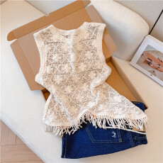 批发实拍大码胖MM夏季新款镂空钩花<b class='q'>不规则</b>流苏背心大码女装设计感背心